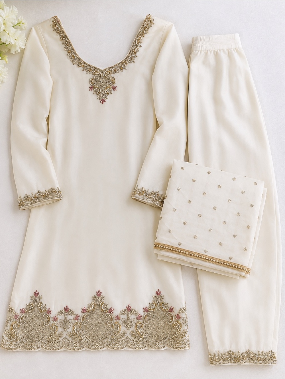 Cream Embroidered  Kurta set - Elegant Floral Trim